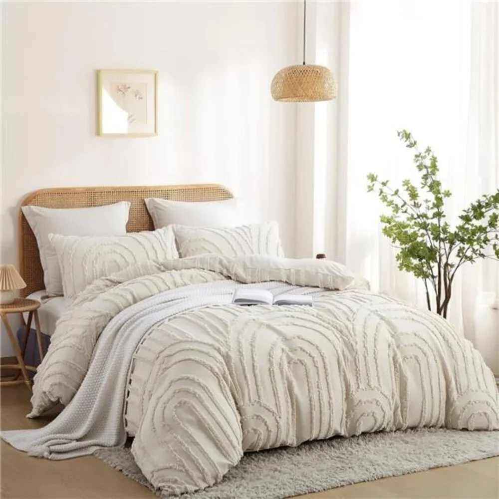 NEW Anthro Beige Boho Queen Size Rainbow Tufted Abstract Bedding Duvet Sham Set